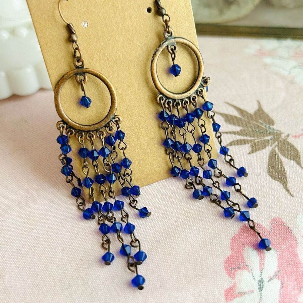 Cobalt Blue Beaded Chandelier Dangle Earrings